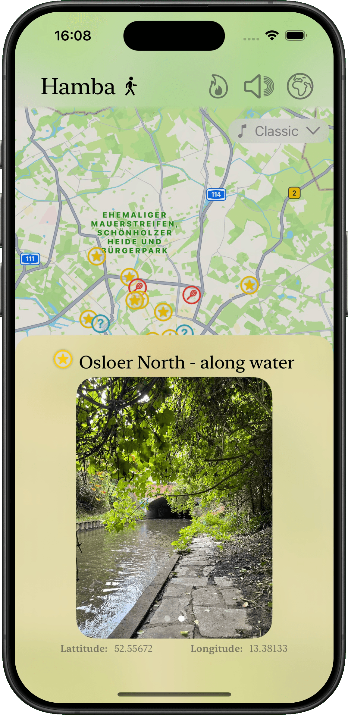 The Hamba app showing the Osloer North spot along a canal in Berlin